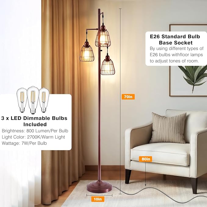Farmhouse 70'' Dimmable Floor Lamp for Living Room Oil Rubbed Bronze 3-Light Tall Lamp with Bird Caged Lampshade Bedroom Floor Tree Standing Lamp (3xLED Bulb Included) - 315603ORB