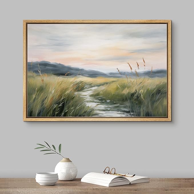 SIGNFORD Framed Canvas Print Wall Art Sunset Mountain Swamp Marsh River Lake Nature Wilderness Illustrations Digital Art Modern Art Decorative Multicolor Rustic Minimal for Bedroom - 16"x24" Natural