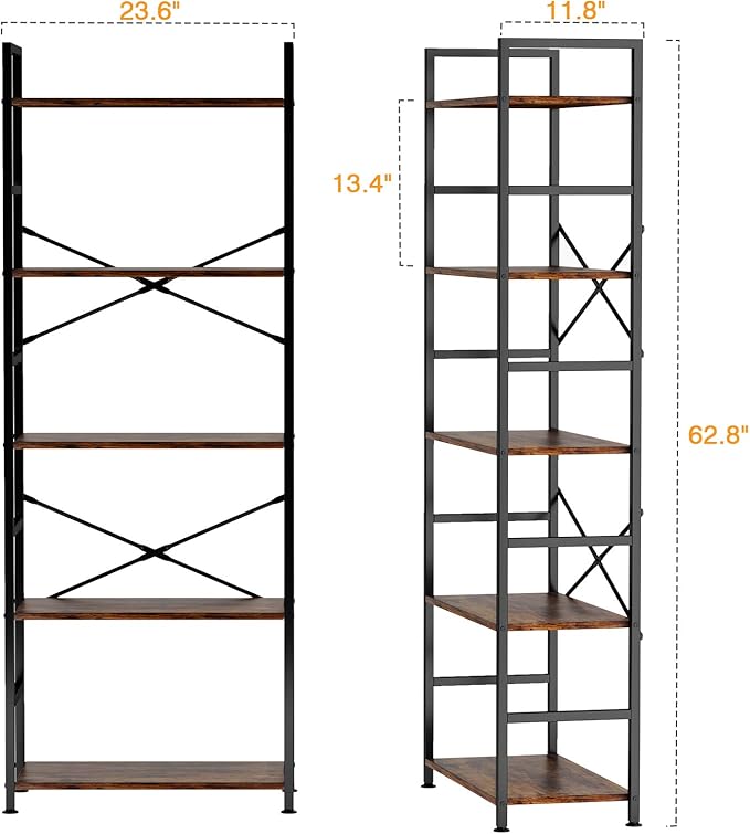 5-Tier Tall Bookcase, Rustic Wood and Metal Standing Bookshelf, Industrial Vintage Book Shelf Unit, Open Back Modern Office Bookcases