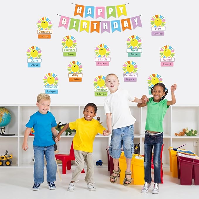 JarThenaAMCS 85Pcs Happy Birthday Bulletin Board Set Colorful Sun Calendar Poster Cartoon Cute Classroom Birthday Chart for Back to School Nursery Wall Decorations