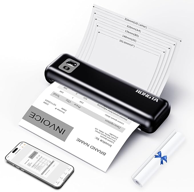 Rongta Portable Printer Wireless for Travel, F82 Inkless Bluetooth Thermal Printers, Compatible with iOS, Android, Laptop, Support 8.5"x11" US Letter&A4 for Office, Home, Car (Black)