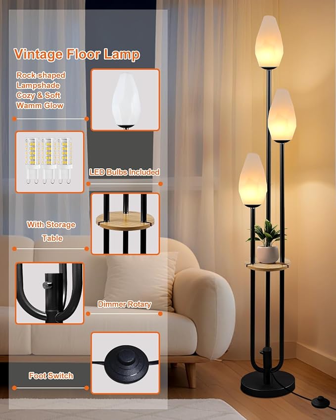 Black Floor Lamp with Tray, 3-Lights Dimmable Floor Lamps with Rock-Shaped Shade, Unique Candle Holder Style Modern Tall Standing Lamp for Living Room/Party(Bulbs Included)