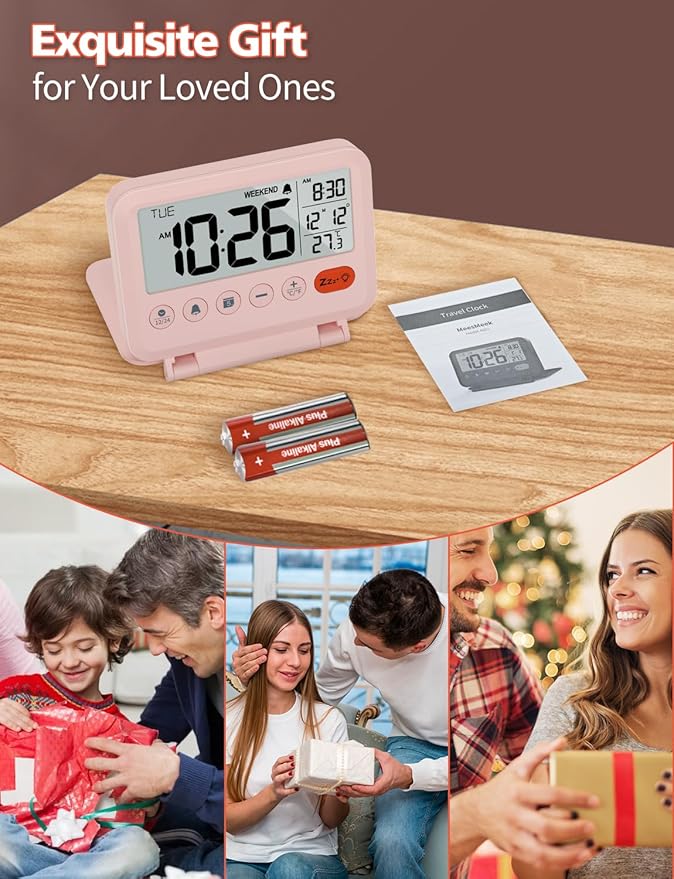 Digital Travel Alarm Clock - 3.54 inch LCD Display, 9-Minute Snooze, 2 Volume Levels, Backlight, Battery Included (Pink)