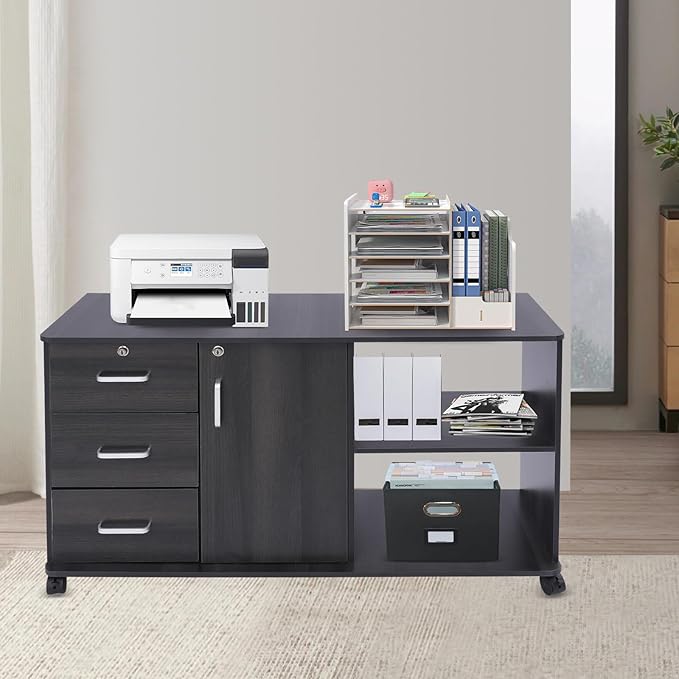 3 Drawer File Cabinet on Wheels, Rolling Printer Stand with Open Storage Shelf, Mobile Lateral Office Storage for Home School Office (Black)