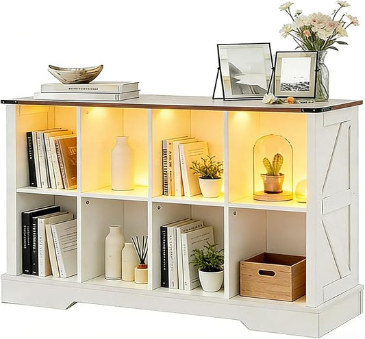 8 Cube Storage Organizer, 2 Tier Book Shelf with Led Lights, Farmhouse Book Shelves for Living Room, Horizontal Toy Storage Bookshelf, Wood Display Bookcase Cabinet for Bedroom, Office, White