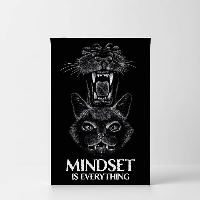 Smile Art Design Mindset is Everything Cat and Lion Sketch Motivational Wall Art Canvas Print Inspirational Entrepreneur Quote Canvas Print Modern Office Living Room Decor Gift Ready to Hang 22x15