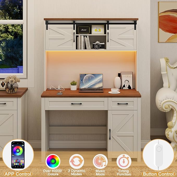 Farmhouse 47" Executive Desk, Computer Desk with 2 Drawers, LED Light and Storage Cabinet, Home Office Desk with Hutch, Charging Hub, Workstation for Home Office and Study,(Unique White