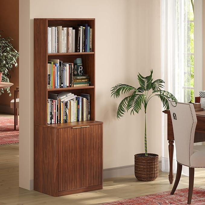 71" Walnut Bookcase with Doors, 5 Tier Fluted Tall Bookshelf with Storage, Librero with Cabinet for Home Office, Living Room,or Bedroom