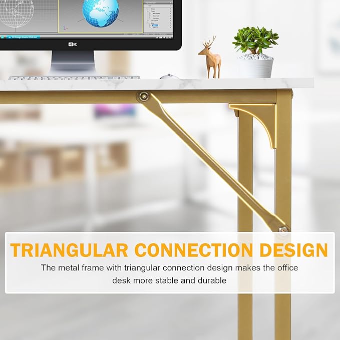 Computer Desk 47 Inch Study Writing Table, Home Office Desk with Metal Frame, Modern Gaming Desk for Office, Study and Game,Gold