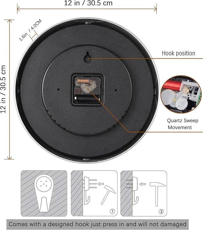 Silent Wall Clock Battery Operated,Modern Metal Wall Clock Decorative for Living Room/Kitchen/Home/Office/School,12 inch