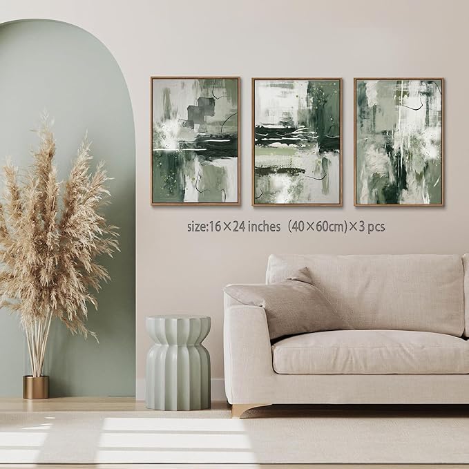 myusuar 3 Piece Large Modern Abstract Canvas Framed Wall Art For Living Room, Sage Green Minimalist Wall Art Decor Posters Prints For Bedroom Office, 16x24in