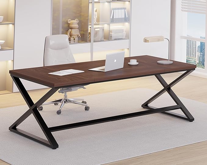IBF Large Computer Desk, 70.8” Long Home Office Desk for Writing, Modern Simple Executive Work Desk for Study, Wood Metal Double PC Gaming Workstation Computer Table for Bedroom, Walnut, 70 inch