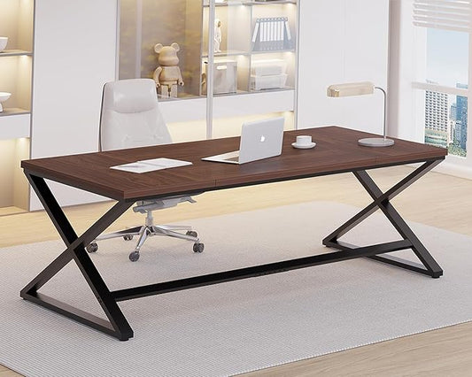IBF Large Computer Desk, 70.8” Long Home Office Desk for Writing, Modern Simple Executive Work Desk for Study, Wood Metal Double PC Gaming Workstation Computer Table for Bedroom, Walnut, 70 inch
