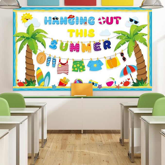 Pajean Summer Bulletin Board Set Summer Classroom Decoration Paper Cutout for Back to School Class Window Wall Home Party Decor(Hanging Out)