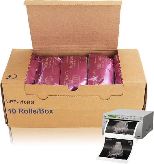UPP-110HG Ultrasound Thermal Paper, High Gloss 110 Film for Sony/Mitsubishi Printers, Fetal Monitor Paper Roll (110mmx18m, 10 Rolls/Box)