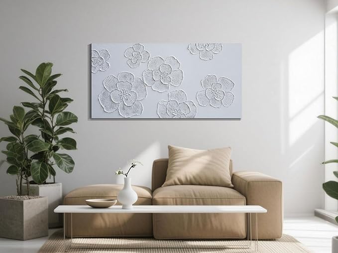 Arjun Flower Canvas Wall Art Textured Hand Painted Painting, Elegant Modern White Floral Picture for Living Room Bedroom Home Office Wall Décor, Large Framed Picture 40"x20"