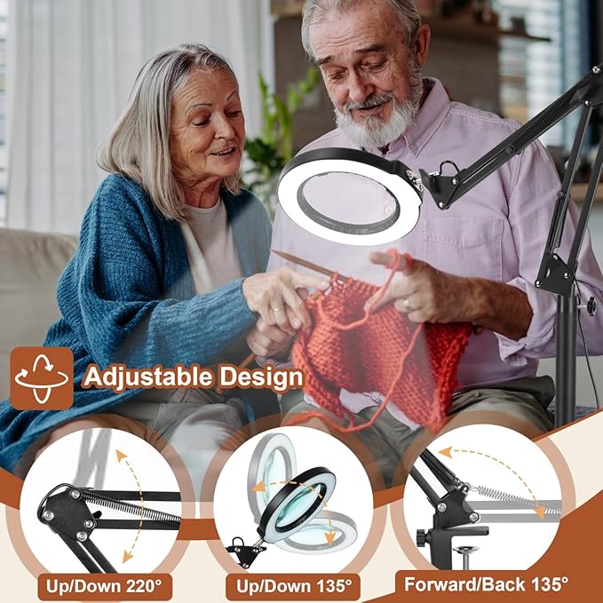 LANCOSC 10X Magnifying Glass with Light and Stand, Real Glass Lens, 5 Color Modes Dimmable, 3-in-1 Adjustable Swing Floor Lamp, LED Lighted Hands Free Magnifier & Clamp for Reading, Crafts, Painting