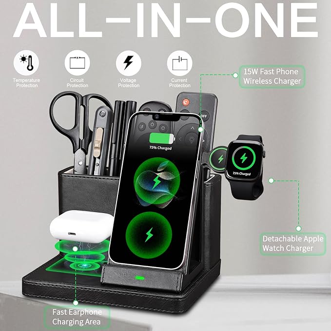 Pen Holder for Desk, Desk Organizers and Accessories,Stationery Holder for Office, School, Home,Desk Organizer With Phone Charger,Wall Mounted Remote Control Holder,Bedside Table Organizer (black)