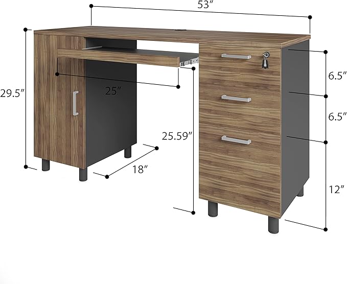 Modern Design Venice Computer Office Desk with 3 Locking Drawers and Storage Cabinet, 53 Inch Home and Office Executive Walnut and Black Desk with Keyboard Tray by Crafts and Comfort