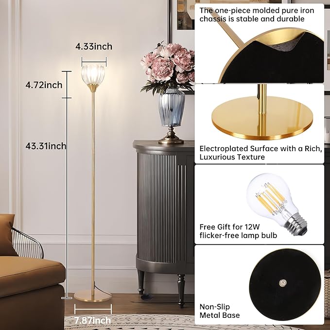 Floor Lamps for Living Room, Bedroom, Gold Standing Lamp with 12W Bulb, Vintage Floor Lamp for Reading, Nursery, Corner (Clear Tulip)