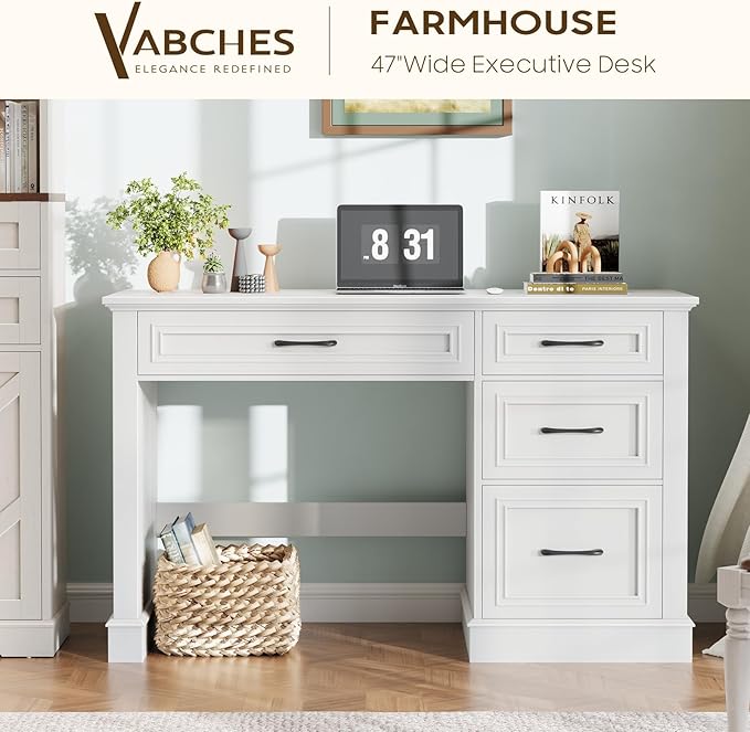 Vabches Farmhouse 47" Executive Desk with File Drawer, Computer Desk with 4 Drawers, Workstation for Study, Home Office, Writing, Cream White