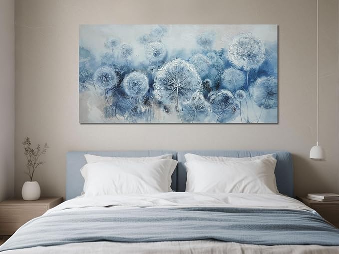 Arjun Large Wall Ar for Living Room, Dandelion Painting Flower Indigo Floral Canvas Art Wall Decor, Blue and White Textured Bedroom Artwork Framed for Home Office Oversize 58"x29"