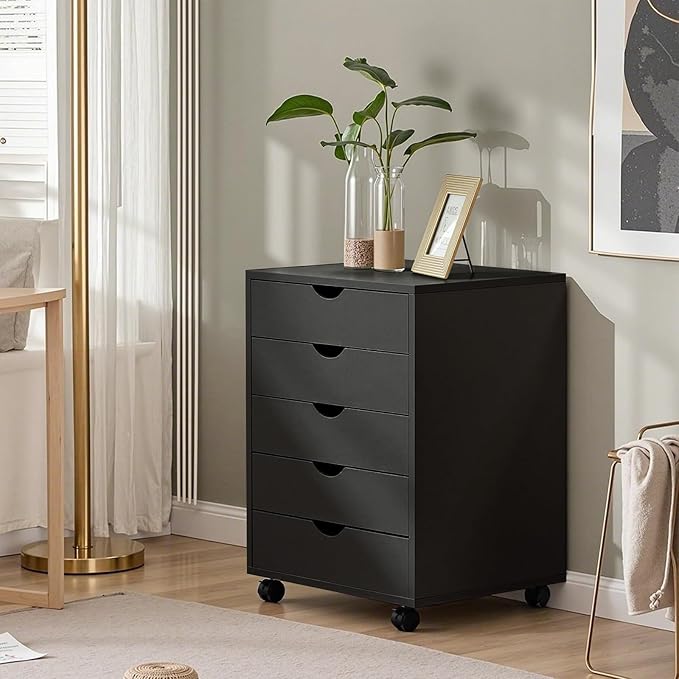 NEWBULIG 5 Drawers Mobile File Cabinet Under Desk Storage with Wheels Office Filing Cabinets Small Wooden Rolling Chest of Dawers for Home Office Black