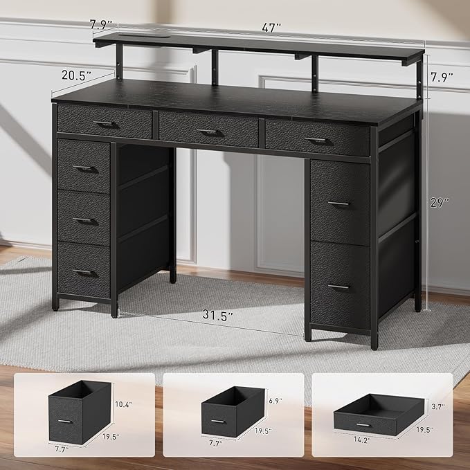HLDIRECT 47 inch Computer Desk with 8 Storage Drawers, Gaming Desk with LED Lights & USB Power Outlets, Home Office Table with Monitor Stand, Study Writing Work Table for Bedroom, Black