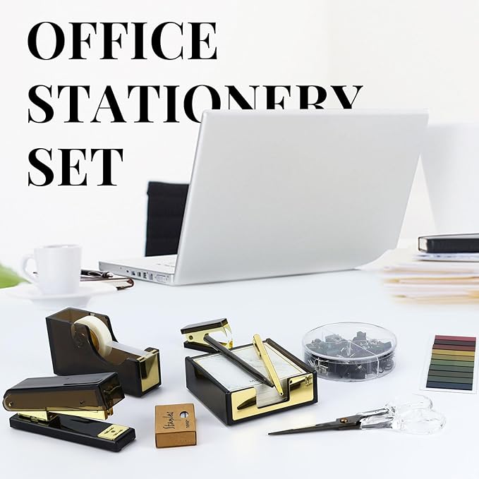 MultiBey Black Gold Acrylic Sticky Notes Holder Stapler and Tape Dispenser Cutter with Sticky Notes, 950 Staples & Tape, Staple Remover, Scissor, Ballpoint Pen, Paper Clips Set for Women Office Home