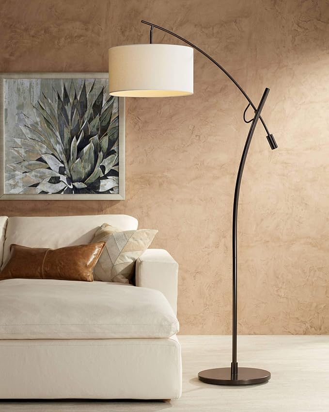 Possini Euro Design Raymond Modern Arched Floor Lamp Standing 69" Tall Bronze Brown Metal Slim Profile Off-White Linen Drum Shade Adjustable Boom Arm for Living Room Reading House Family Bedroom