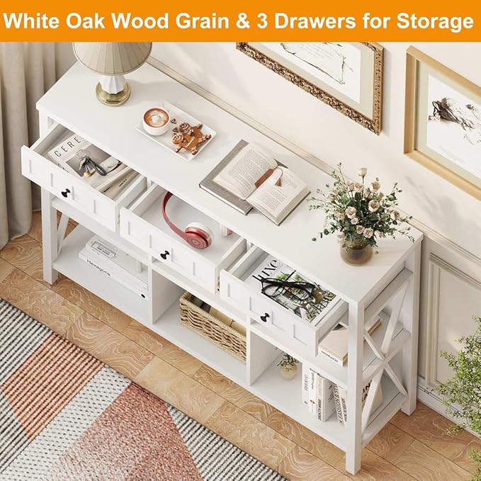 FATORRI 6 Cube Storage Organizer Bookshelf with 3 Drawers, 47 Inch Long Horizontal Bookshelf, Modern Wood Short Book Shelf. Low Cube Bookcase for Living Room, Home Office, Entryway (White Oak)
