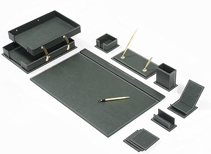 MOOGCO 12-Piece Leather Desk Set — Desk Pad 23.2" x 15.4", Double Document Tray, Pen Holder — Desk Organizer Set for Home Office & Executive Desk Accessories