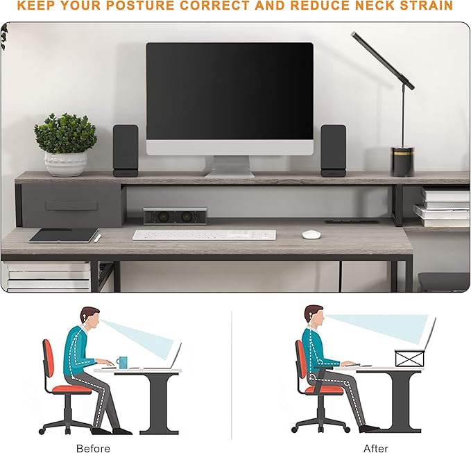 Home Office Desks with Drawers, 66'' Computer Desk with Storage, Office Desk with Monitor Stand, Work Desk with Outlets and USB, Gaming Table Desk with File Cabinet for Home Office Table, Grey