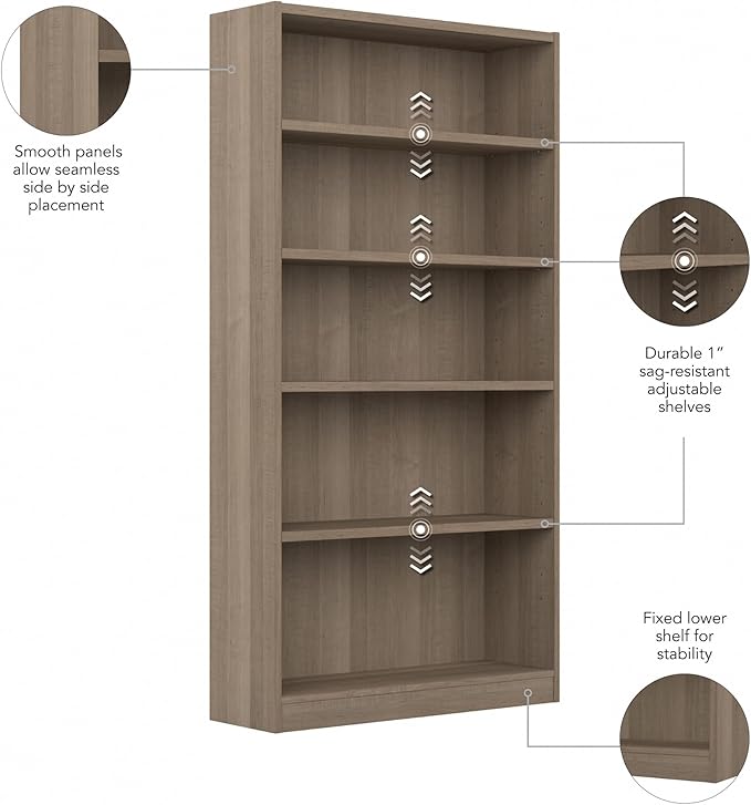 Bush Home Universal Tall 5 Shelf Bookcase in Ash Gray, Vertical Storage and Display Bookshelf for Home Office or Living Room Organization