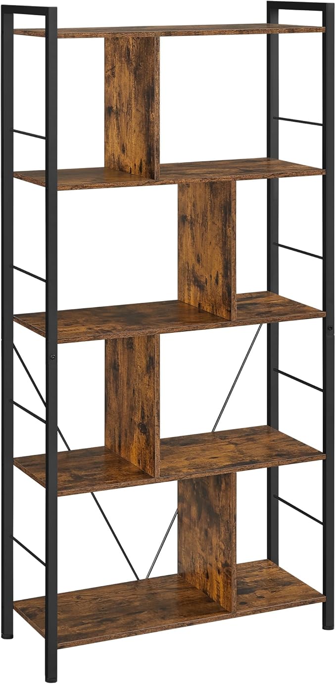 VASAGLE Bookshelf, 5-Tier Bookcase, Storage Shelving Unit, Display Shelf with Open Compartments for Living Room, Home Office, Bedroom, Industrial, Rustic Brown and Black ULBC121B01