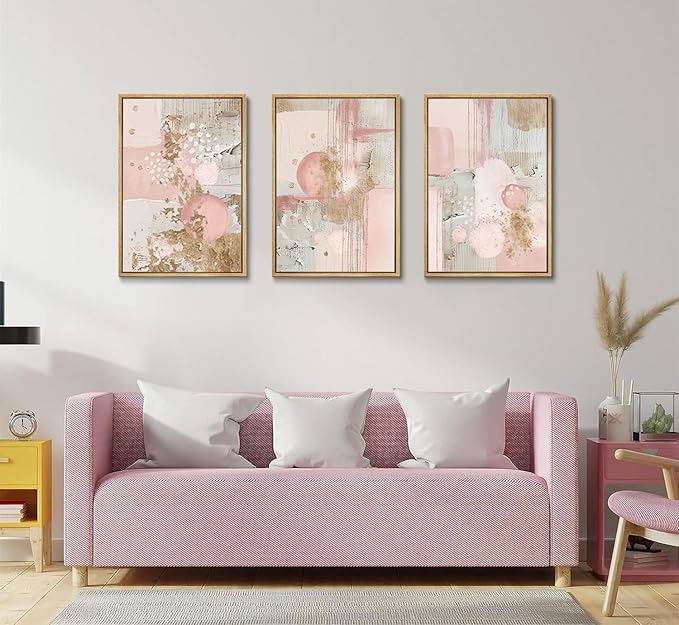3Pcs Pink and Gold Canvas Wall Art Abstract Posters Print Geometric Pictures Decor for Living Room Bedroom Bathroom Home Decoration UnFramed