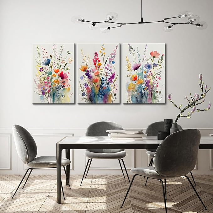 KISSFOX 3 Piece Colorful Flower Framed Wall Art Decor Watercolor Botanical Wildflower Pictures Paintings Wall Decor Modern Minimalist Floral Canvas Art Prints Artwork For Bedroom Living Room Bathroom