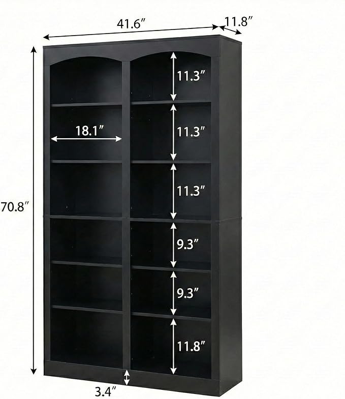 71" Tall Bookcase, Double Wide Black Bookshelf with Arched Design, 12-Tier Open Wood Display Shelf Storage Organizer for Living Room, Home Office (41.6" W x 70.8" H)