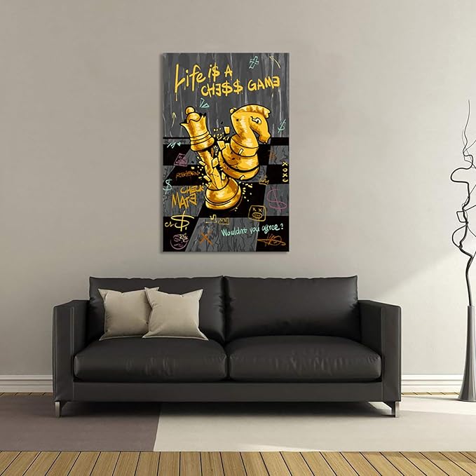 Inspirational Quotes Wall Art - Chess Pictures Wall Decor Motivational Canvas Print LIFE IS A CHESS GAME Positive Poster Modern Office Canvas Painting Black Gold Artwork Framed for Home, 28" x 44"