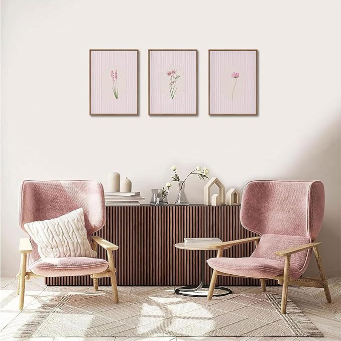 KISSFOX 3 Piece Framed Wall Art Wildflowers Wall Decor Botanical Canvas Art Floral Pictures Stripe Paintings Pink Prints Boho Artwork for Bedroom Living Room