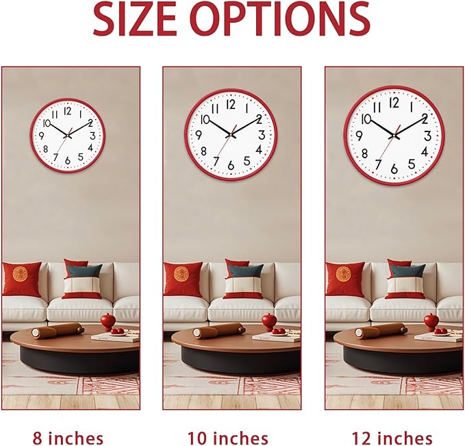 HZDHCLH Wall Clock Red,Silent Wall Clocks Battery Operated 12 Inch Modern Non Ticking Analog Clock Decorative for Kitchen Bedroom Living Room Office Classroom