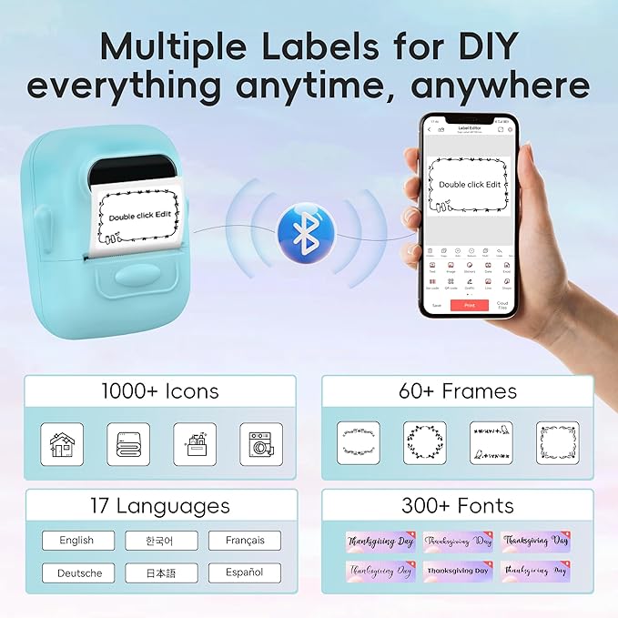 2 Inch Label Maker, P50 Mini Sticker Labels Printer Machine with Tape, Bluetooth Portable Thermal Printer for Home Use, Small Business, Office, Clothing/Gift/Jewelry Tags, Wireless, Blue