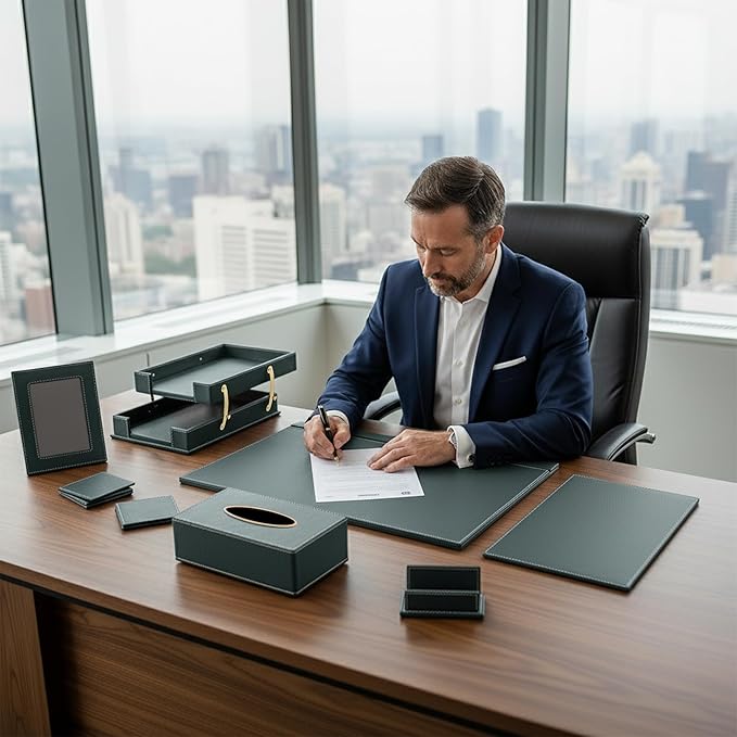 Leather Desk Set, 15-Piece Leather Desk Organizer, Executive Desk Organizer with Desk Pad & Blotter, 2-Tier Tray, Pen Holder, Office Accessories, Executive Desk Accessories(Green)