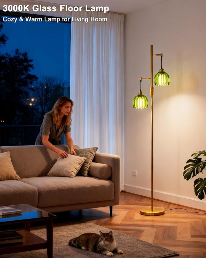Lightdot 65IN 2-Light Glass Floor Lamp for Living Room, Dimmable Gold Floor Lamps with Emerald Green Glass Floral Shade& Bulb Included, Modern Standing Tall Lamp for Bedroom/Sofa Beside/Corner Decor