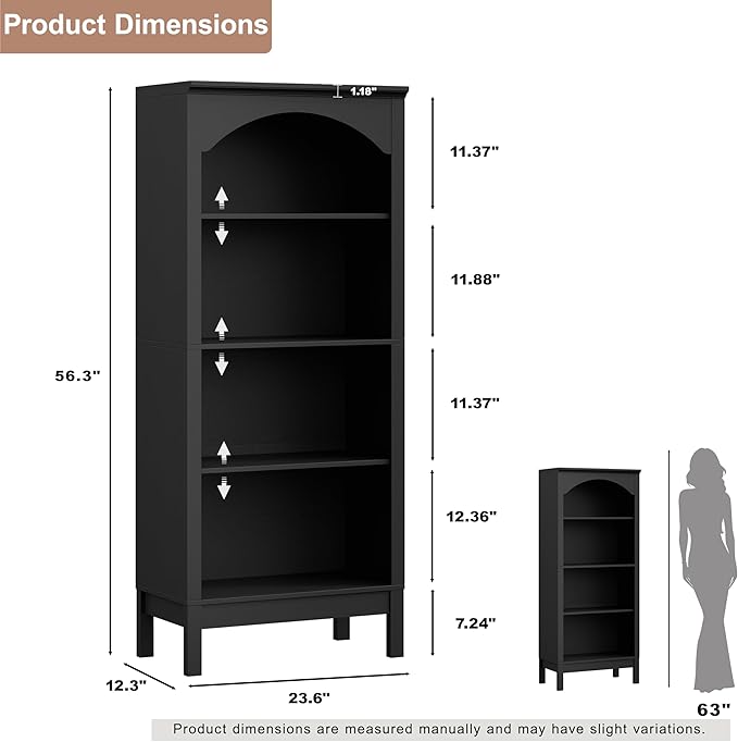 56" H Tall Bookshelf and Bookcase, Arched Book Shelf with 4-Tier Open Shelves, Wooden Storage Bookcase Freestanding Display Bookshelves for Bedroom, Living Room, Black