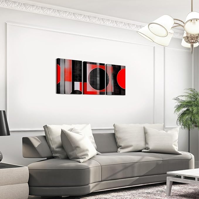 jejeloiu 12"x16"x3pcs Office Decorations Artwork Posters Modern Geometric 3 Piece Canvas Wall Art for Living Room Bedroom Red Abstract Art Picture Wall Decor