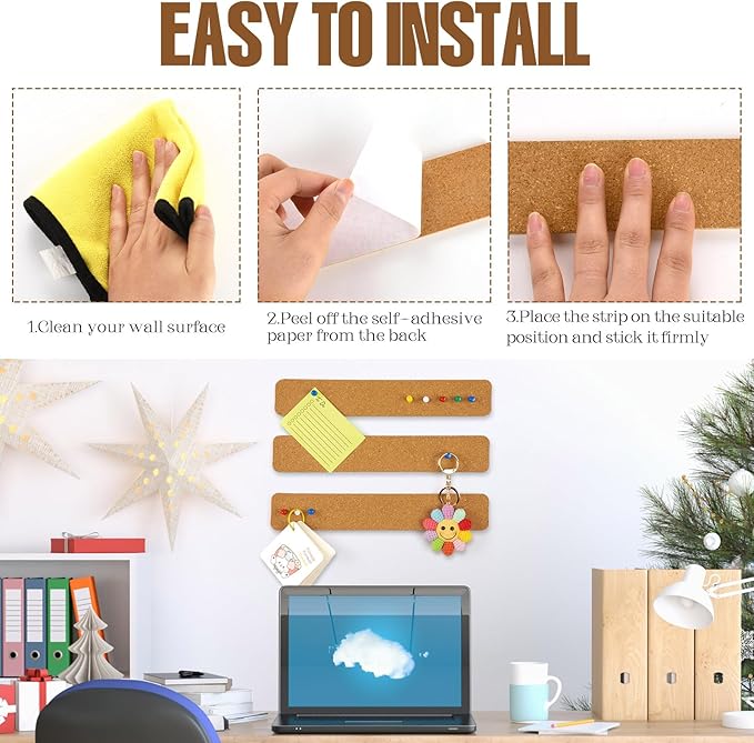 Cork Strips for Walls, 3Pcs Self Adhesive Cork Board for Office with 20 Pushpins for Paste Notes, Photos, Earrings, Necklaces, Mini Cork Board for Desk