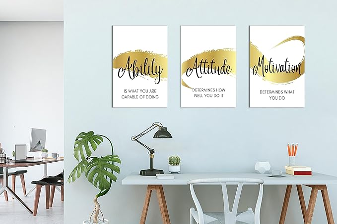 3 Piece Office Canvas Wall Art, Gold Motivational Quotes Canvas Print Pictures Wall Decor for Office, Men Women Inspirational Framed Artwork Home Office Decor 16"x24" x 3 Pcs