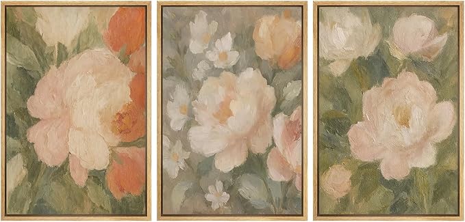 SIGNFORD Framed Wall Art Print Set Soft Pastel Peony Floral Romantic Botanical Digital Art Modern Art Contemporary for Living Room, Bedroom, Office - 16"x24"x3 NATURAL