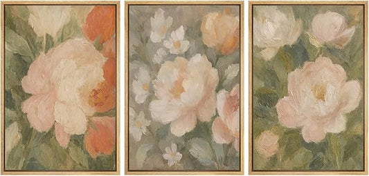 SIGNFORD Framed Wall Art Print Set Soft Pastel Peony Floral Romantic Botanical Digital Art Modern Art Contemporary for Living Room, Bedroom, Office - 16"x24"x3 NATURAL